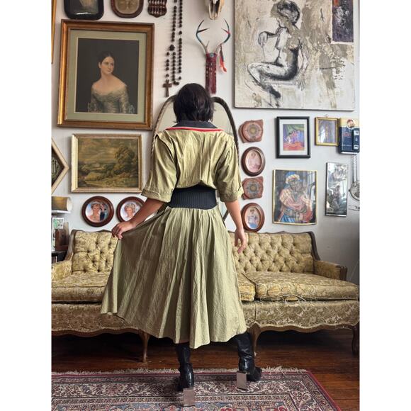 Vintage 80s Olive Green Ribbed Waist Collared Midi Dress Size 7 Medium - Picture 9 of 9